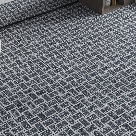 Terrazzo, Dolomite, Black Limestone 12 x 12 Honed Marble Mosaic Tile