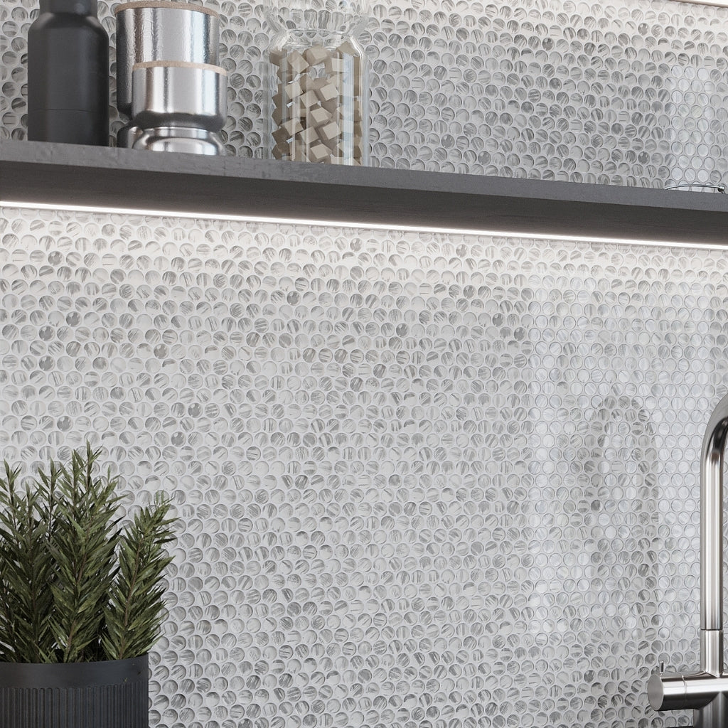 Silver 12 x 12 Glossy Penny Round Glass Mosaic Tile