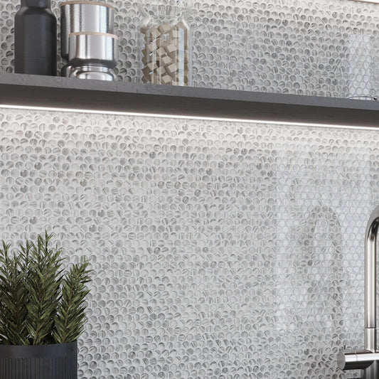 Silver 12 x 12 Glossy Penny Round Glass Mosaic Tile