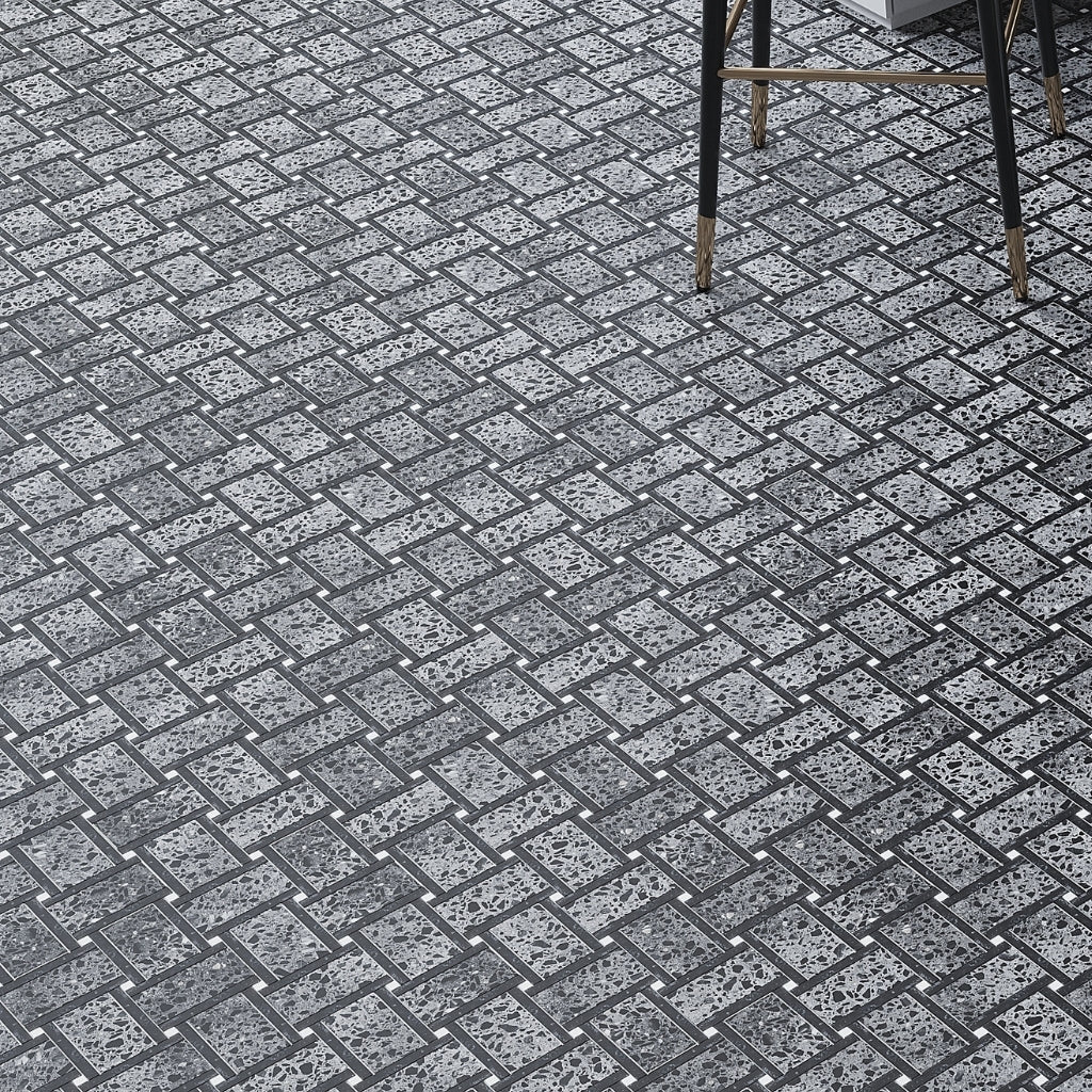 Terrazzo Dolomite, Black Limestone 12 x 12 Honed Marble Mosaic Tile