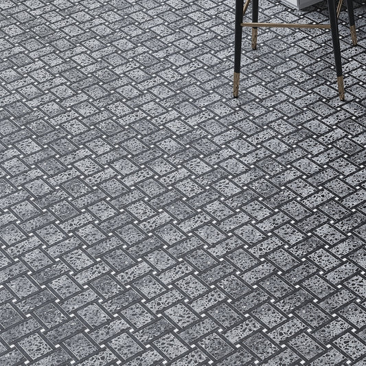 Terrazzo Dolomite, Black Limestone 12 x 12 Honed Marble Mosaic Tile
