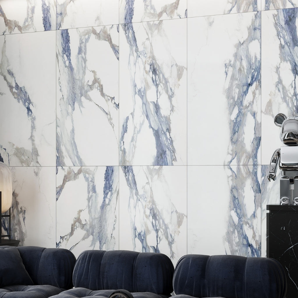 White with Blue-Gray 24 x 48 Polished Porcelain Large Tile