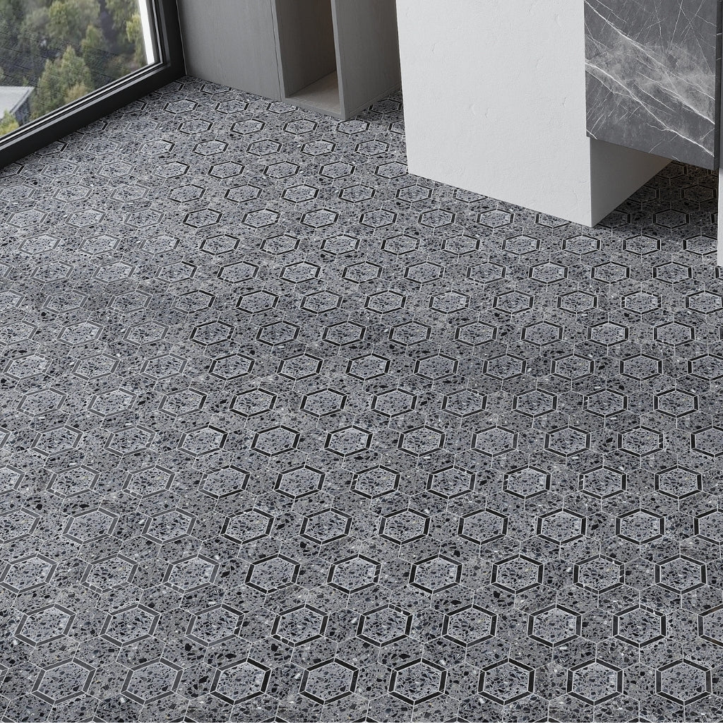 Terrazzo, Black Limestone 11 x 12 Honed Marble Mosaic Tile