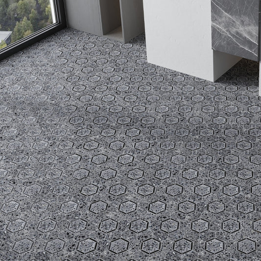 Terrazzo, Black Limestone 11 x 12 Honed Marble Mosaic Tile