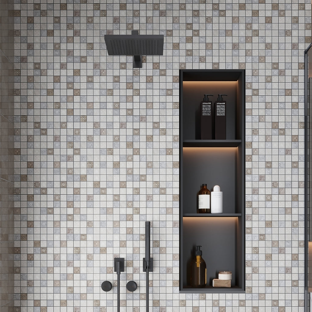 Neutral Cream and Soft Earthy 12 x 12 Foiled Textured Stone Mosaic Tile