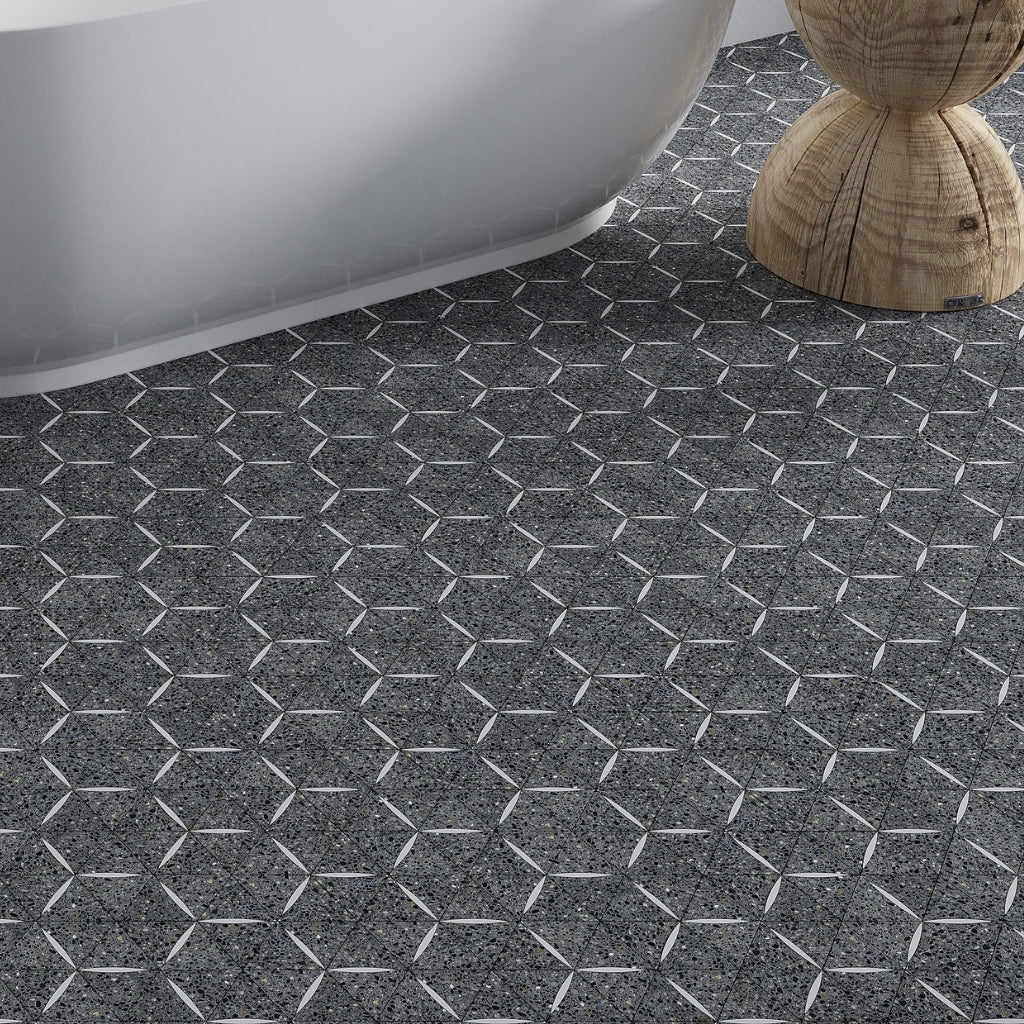 Charcoal Gray and White 11 x 13 Honed Terrazzo, Dolomite Marble Mosaic Tile