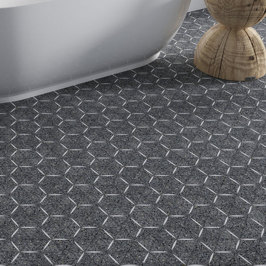 Charcoal Gray and White 11 x 13 Honed Terrazzo, Dolomite Marble Mosaic Tile