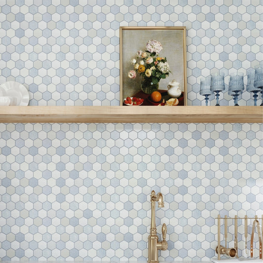 Thassos, Blue Celeste, Paper White 12 x 12 Polished Marble Mosaic Tile