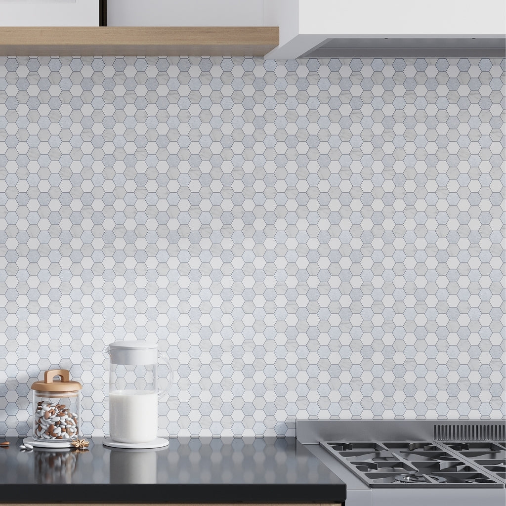 Pristine white and Gray 11 x 12 Polished Thassos, Carrara, Blue Celeste Marble Mosaic Tile
