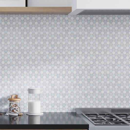 Pristine white and Gray 11 x 12 Polished Thassos, Carrara, Blue Celeste Marble Mosaic Tile