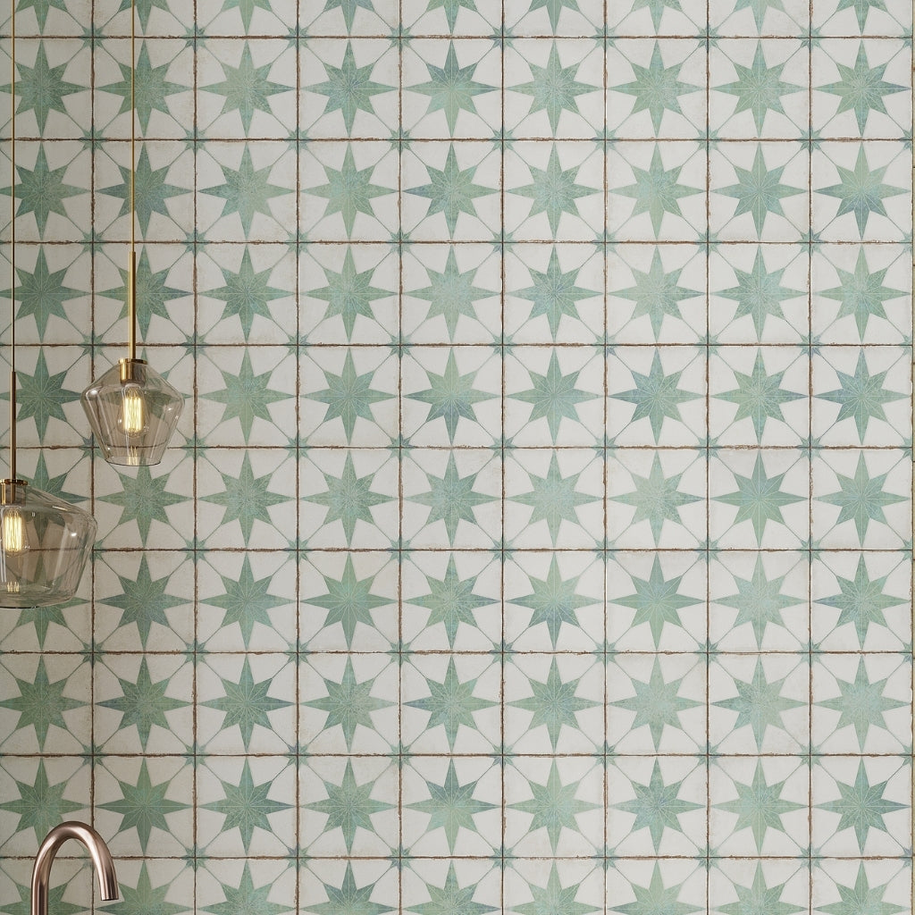 White, Dusty Sage Green 8x8 Matte Porcelain Square Motif Tile