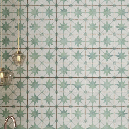 White, Dusty Sage Green 8x8 Matte Porcelain Square Motif Tile
