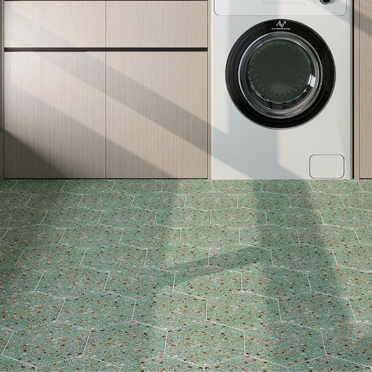 Mint Green with Copper flecks 9x8 Glossy Shell, Terrazzo Hexagon Tile