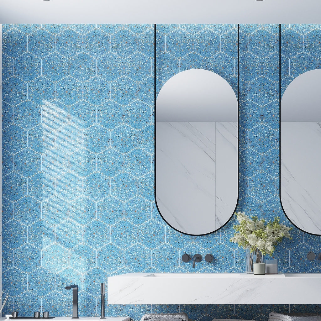 Yosemite Blue with Copper flecks 9x8 Glossy Shell, Terrazzo Hexagon Tile