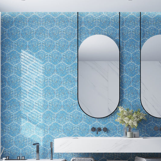 Yosemite Blue with Copper flecks 9x8 Glossy Shell, Terrazzo Hexagon Tile
