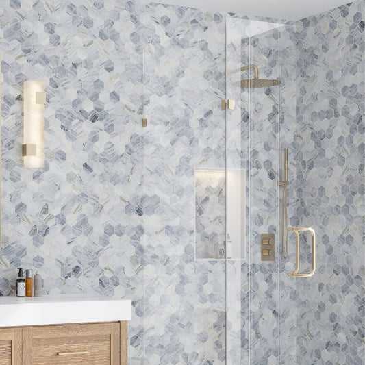 Light Gray 12x10 Honed Calacatta Bluette Hexagon Mosaic Tile