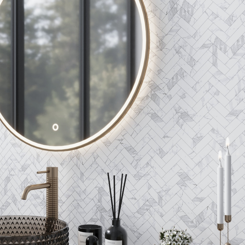 Statuary White 11 x 12 Polished Porcelain Herringbone Tile