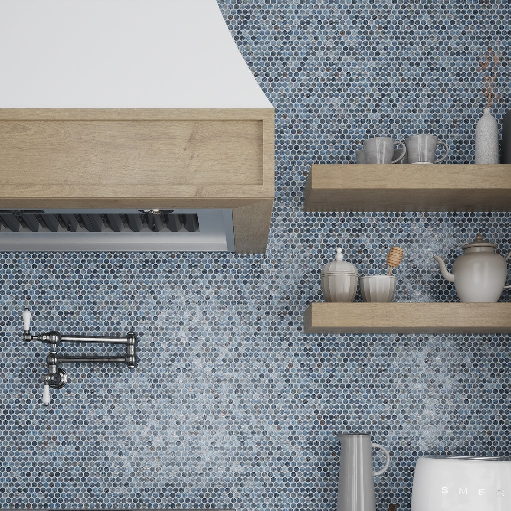 Blue 12 x 12 Glossy Penny Glass Mosaic Tile