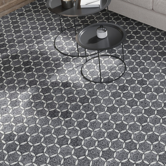Charcoal Gray and Black 12 x 13 Honed Terrazzo, Dolomite Marble Mosaic Tile
