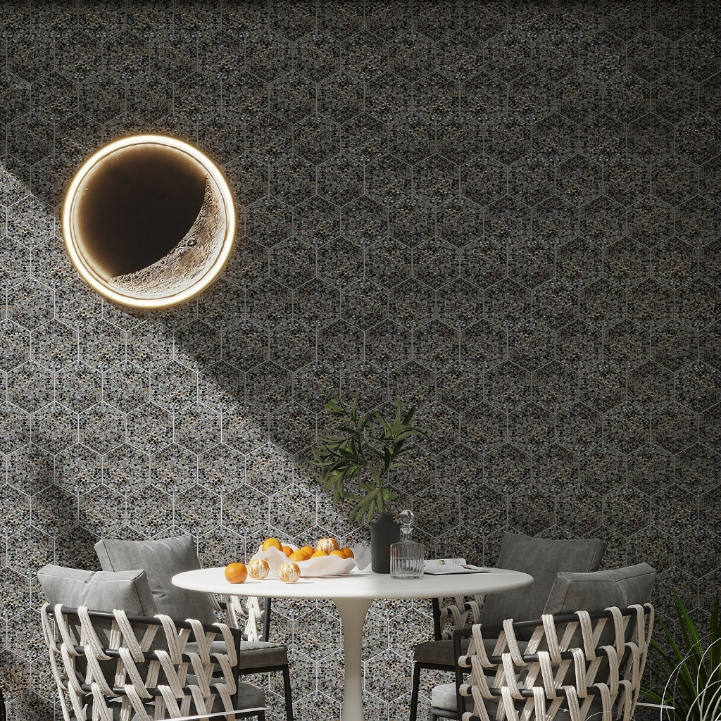 Black with Amber Pearl flecks 9x8 Glossy Shell, Terrazzo Hexagon Tile