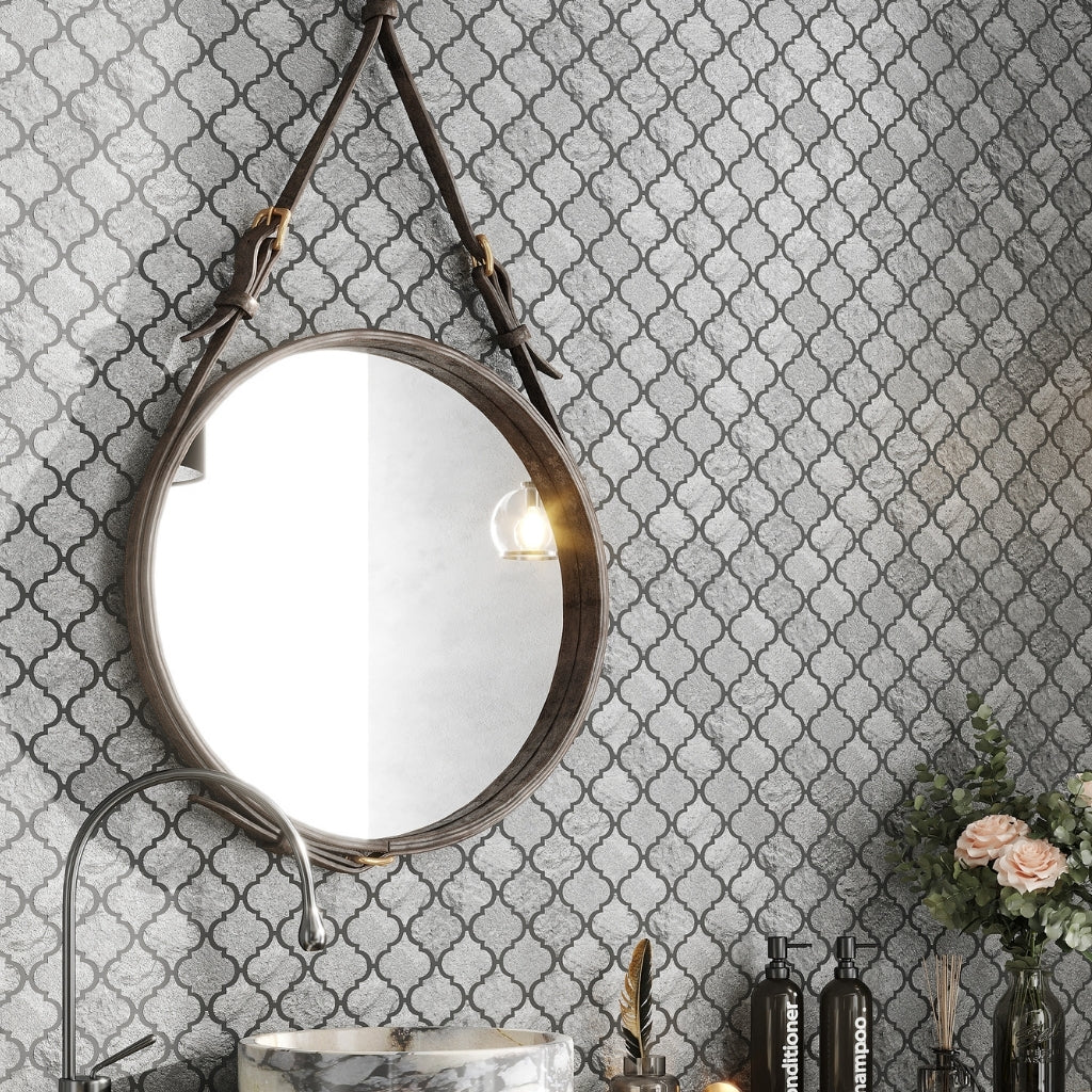 Silver Gray 12x12 Textured, Foiled Resin Arabesque Mosaic Tile