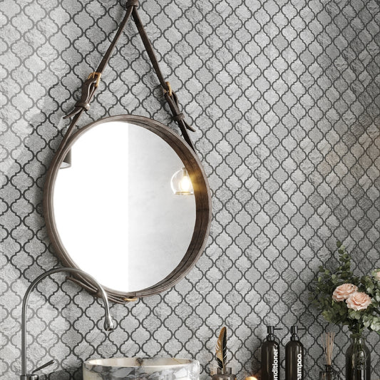 Silver Gray 12x12 Textured, Foiled Resin Arabesque Mosaic Tile