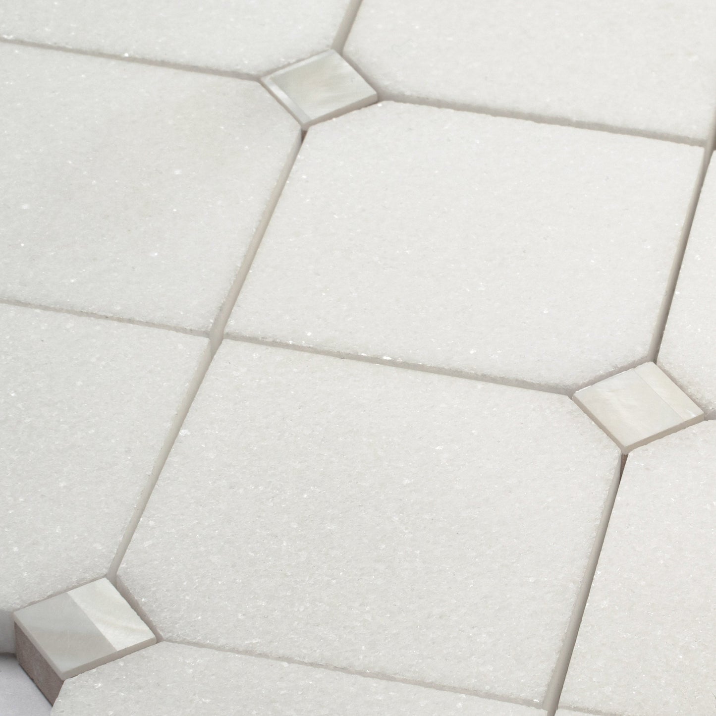 Pearl White 11x11 Polished Thassos, Shell Mosaic Tile Sample