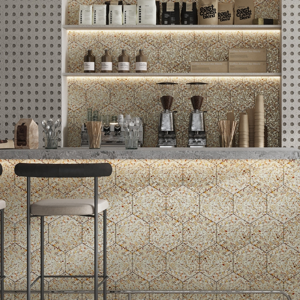 Ivory White with Copper flecks 9x8 Glossy Shell, Terrazzo Hexagon Tile