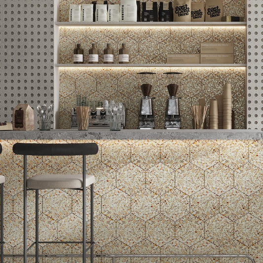 Ivory White with Copper flecks 9x8 Glossy Shell, Terrazzo Hexagon Tile