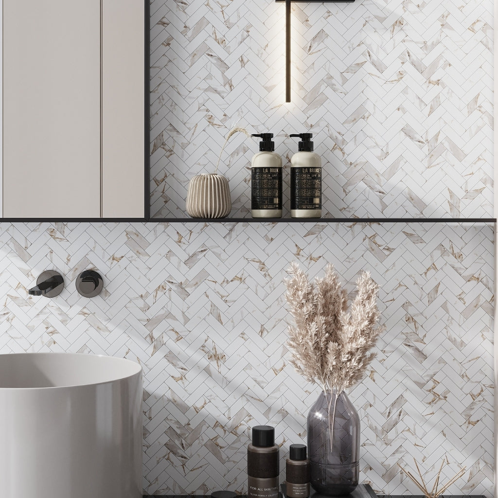 White with Gray-Gold 11 x 12 Polished Porcelain Herringbone Tile