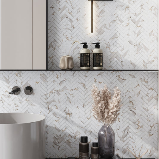 White with Gray-Gold 11 x 12 Polished Porcelain Herringbone Tile