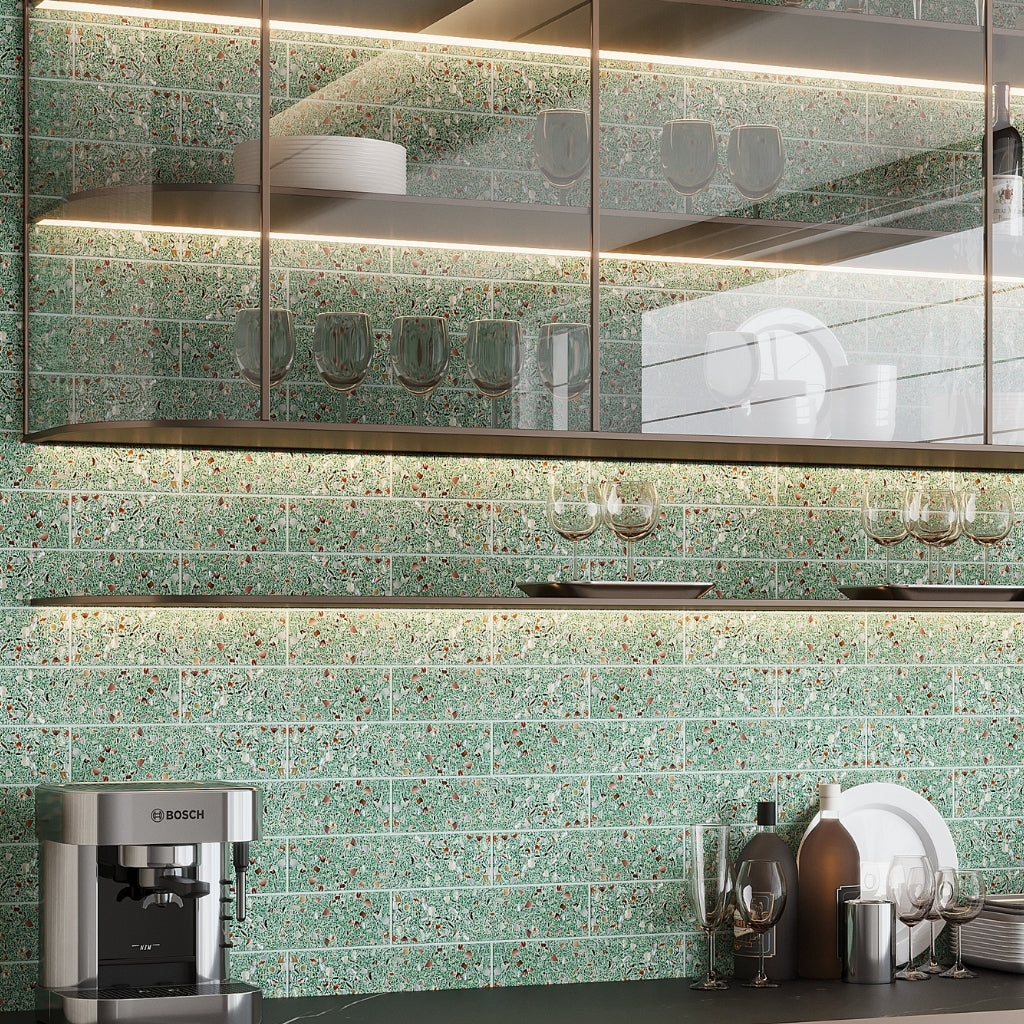 Mint Green with Copper flecks 3x12 Glossy Shell, Terrazzo Elongated Subway Tile
