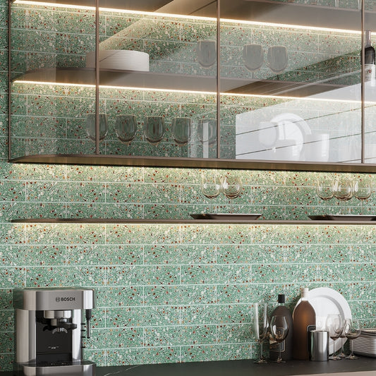Mint Green with Copper flecks 3x12 Glossy Shell, Terrazzo Elongated Subway Tile
