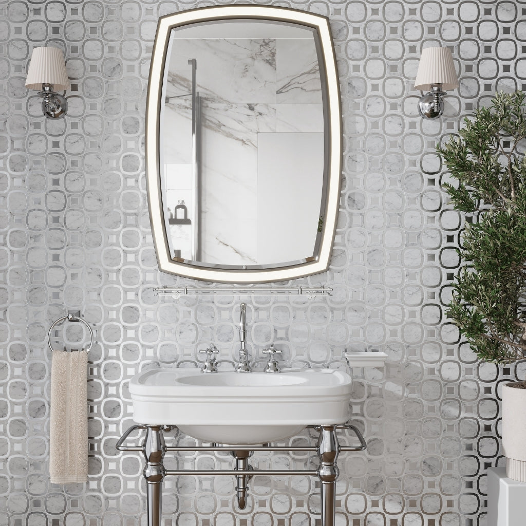 Cloud White and Silver 11 x 11 Polished, Glossy Bianco Carrara, Glass Marble Mosaic Tile