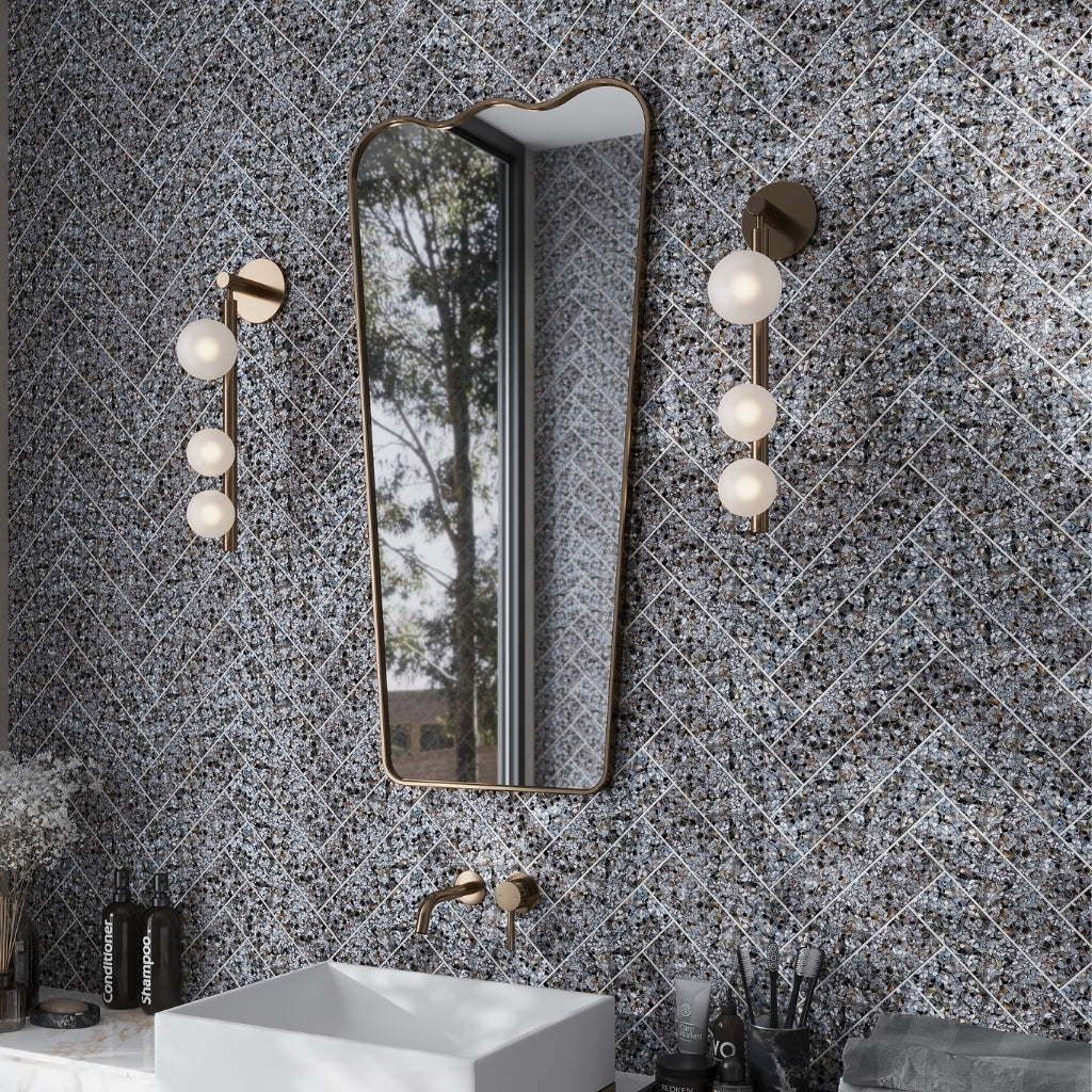 Black with Amber Pearl flecks 3x12 Glossy Shell, Terrazzo Elongated Subway Tile
