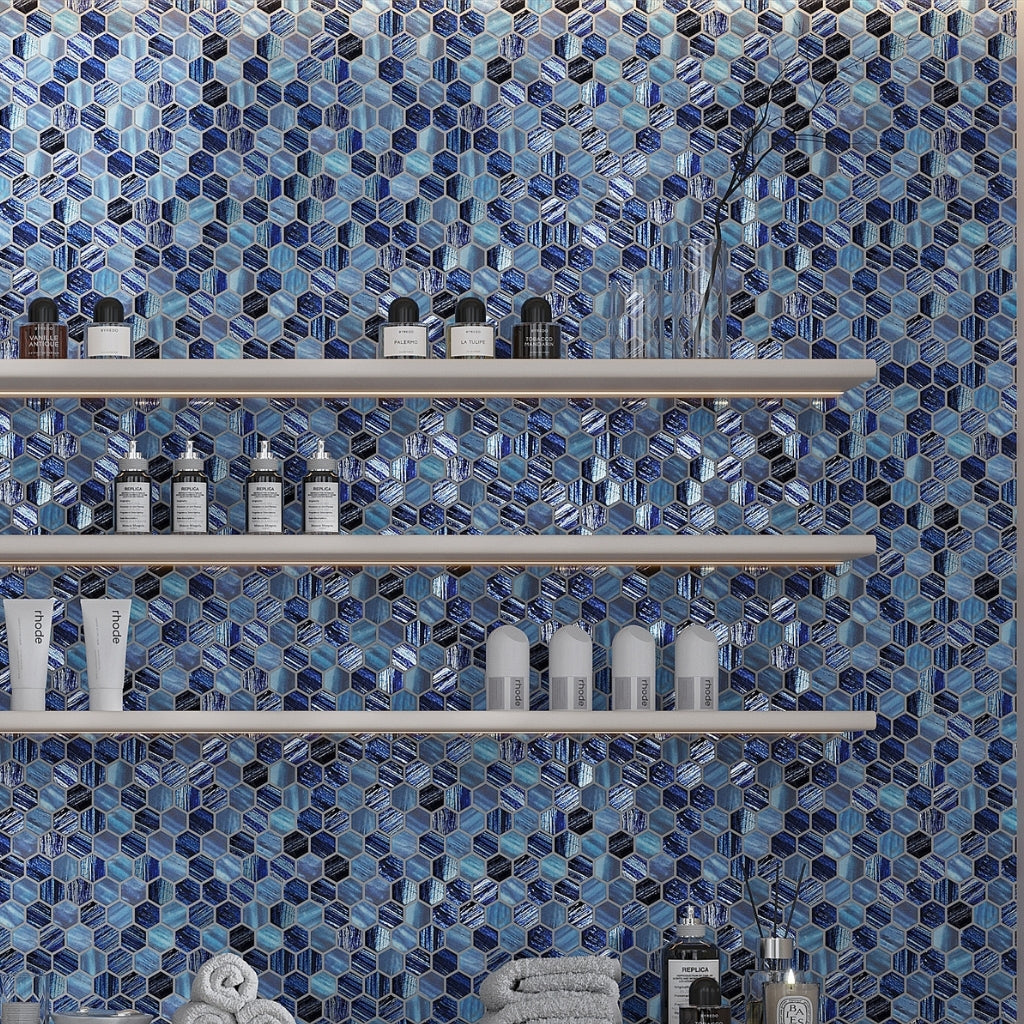 Blue 11 x 11 Glossy Matte Hexagon Glass Mosaic Tile