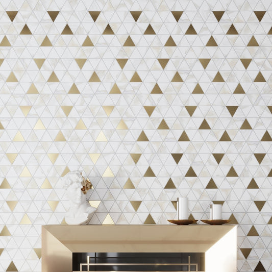 White and Gold 10 x 11 Matte Ceramic Mosaic Tile