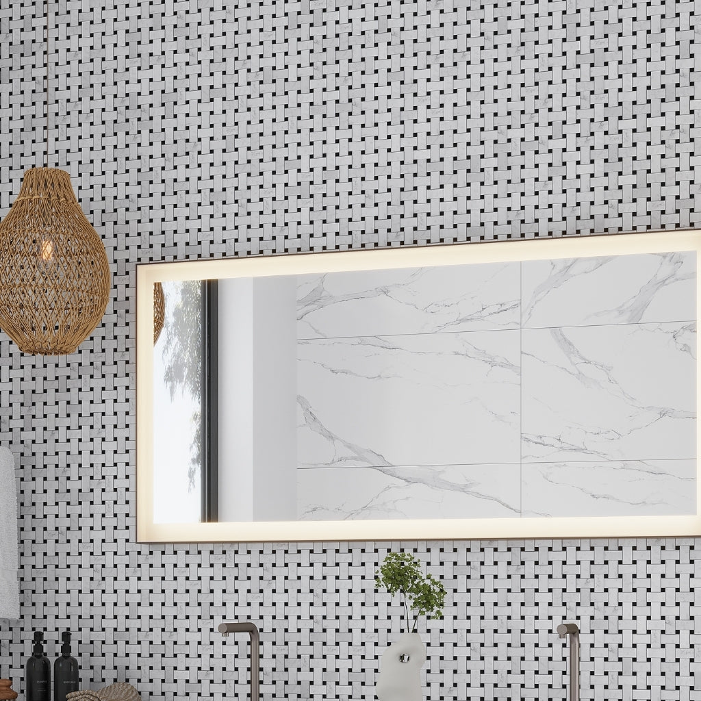White 12 x 12 Polished Dot Basketweave Bianco Carrara, Eastern Black Marble Mosaic Tile