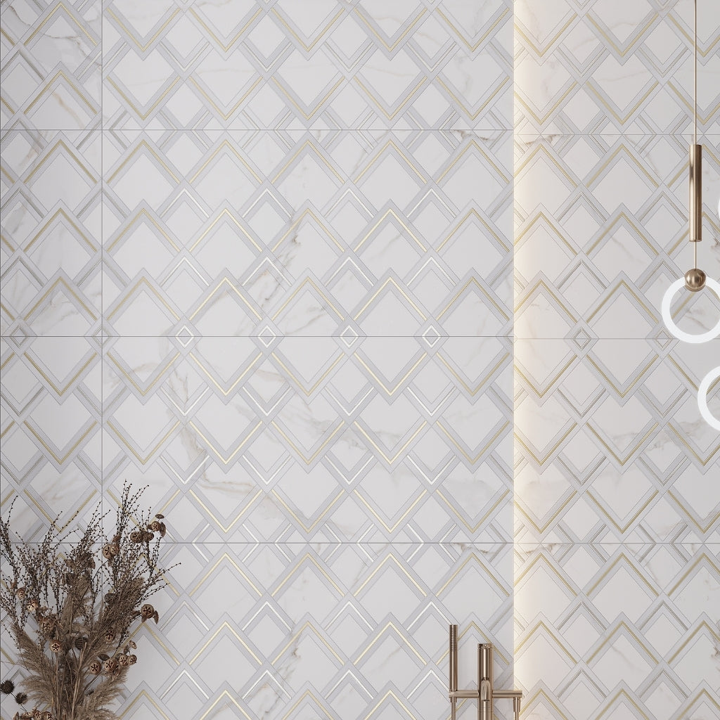 White and Gold 24 x 48 Polished Ceramic Large Tile