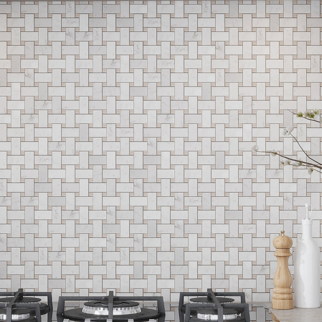 White 12 x 12 Polished Bianco Carrara, Eastern Beige Marble Basketweave Mosaic Tile