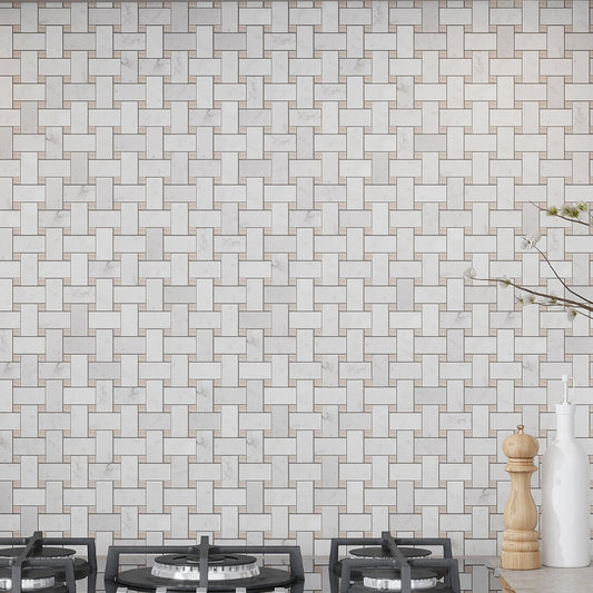 White 12 x 12 Polished Bianco Carrara, Eastern Beige Marble Basketweave Mosaic Tile