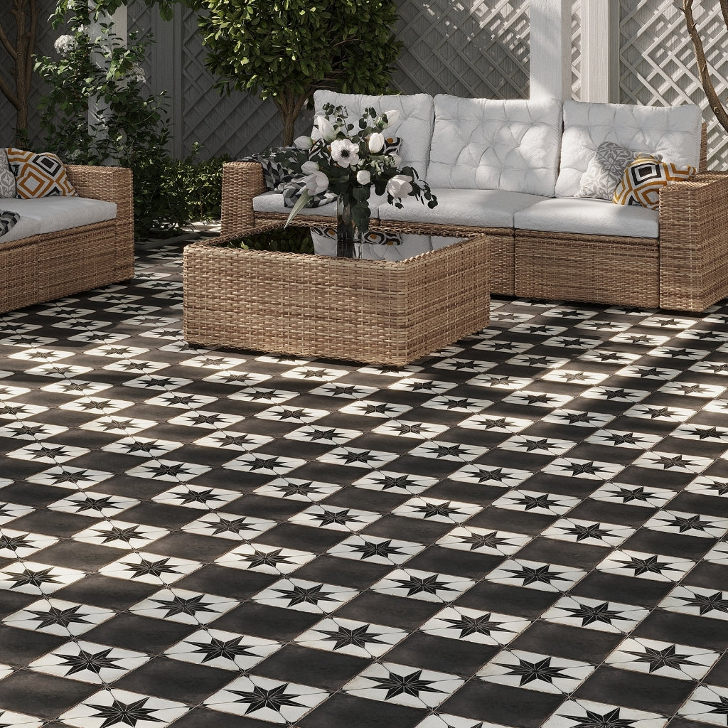 White Black 8x8 Matte Porcelain Square Motif Tile