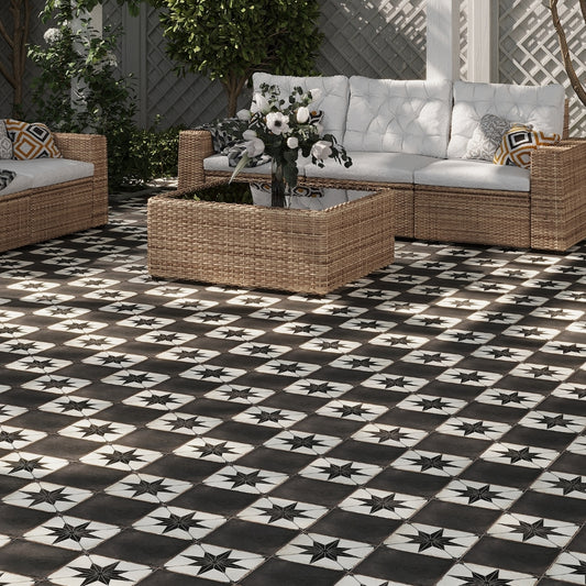White Black 8x8 Matte Porcelain Square Motif Tile