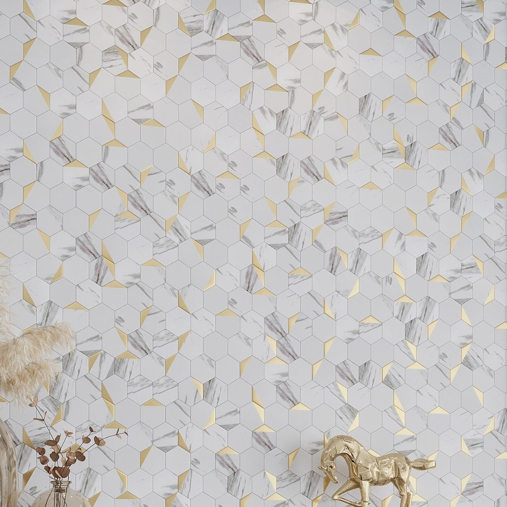 White and Gold 12 x 12 Honed PVC Peel and Stick Tile