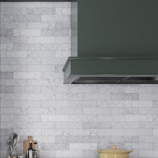 White 3x12 Textured Bianco Carrara Brick Tile