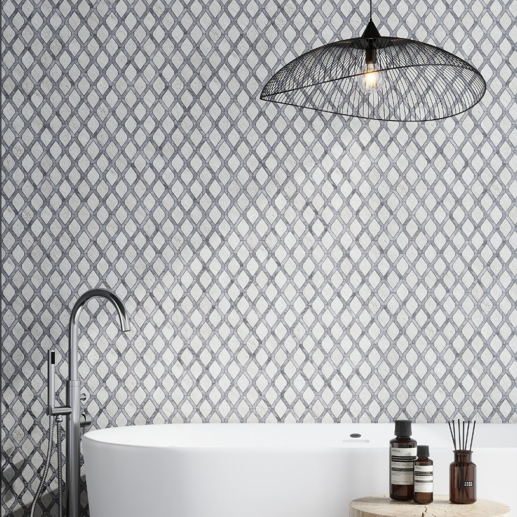 Soft White and Charcoal Gray 11 x 11 Polished Stone Mosaic Tile