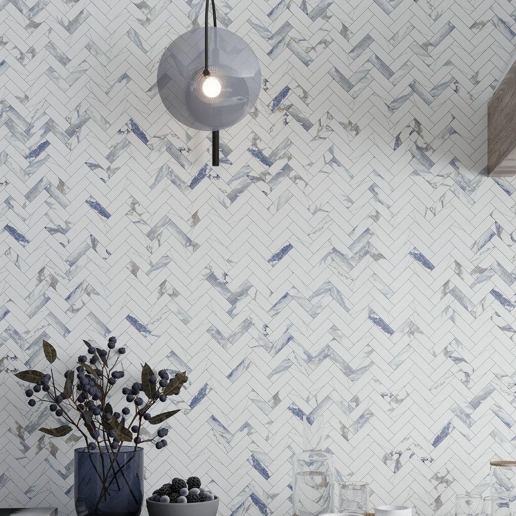 White with Blue-Gray 11 x 12 Polished Porcelain Herringbone Tile