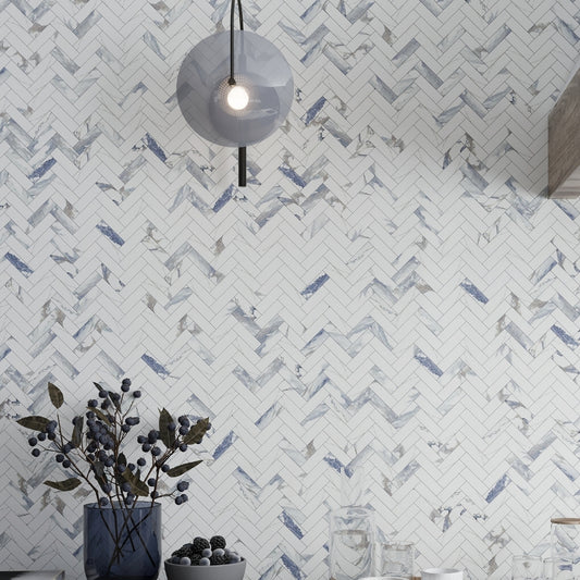 White with Blue-Gray 11 x 12 Polished Porcelain Herringbone Tile