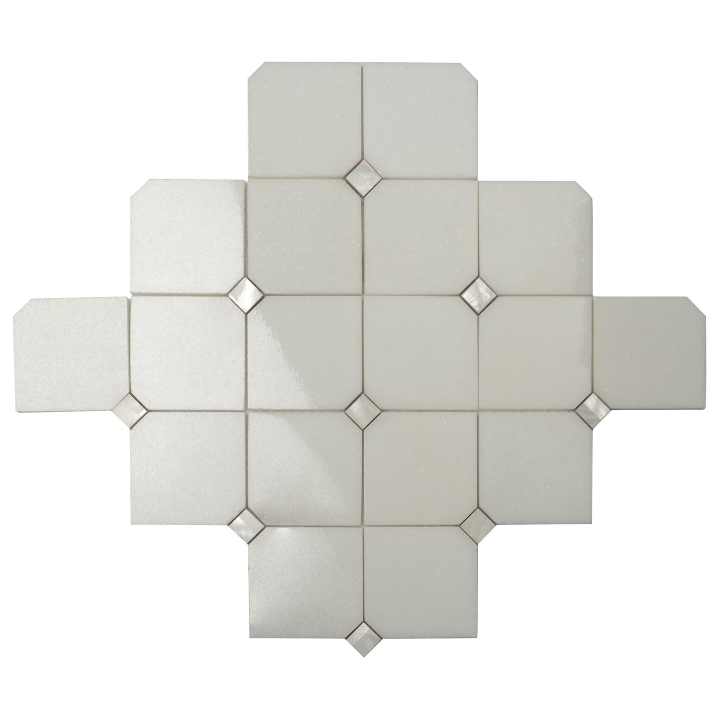 Pearl White 11x11 Polished Thassos, Shell Mosaic Tile Sample