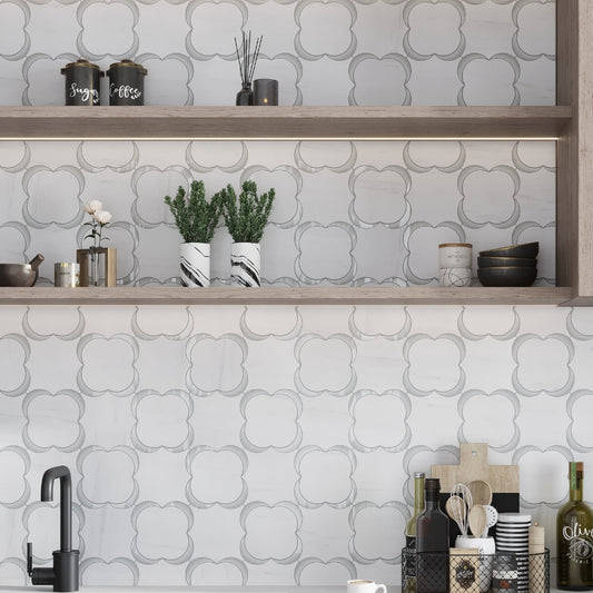 White and Gray 11 x 11 Polished Dolomite, Glass Marble Mosaic Tile